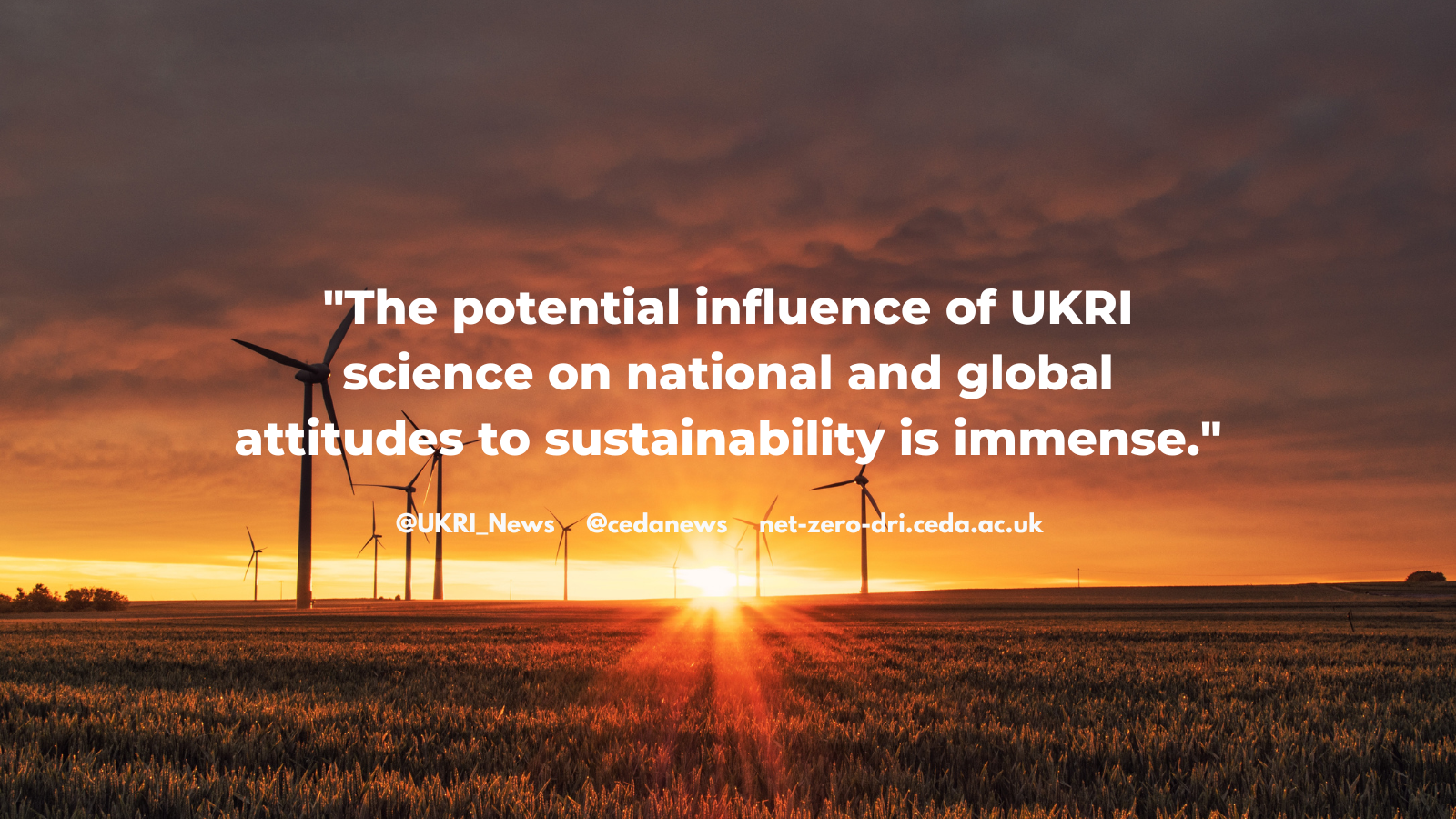 Image of a sunset over a wind farm with a quote from our Net Zero Interim Report: "The potential influence of UKRI science on national and global attitudes to sustainability is immense."
